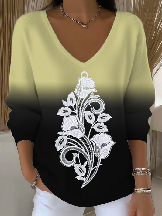 Dámské stylové gradient bílé růže vkrk svetr