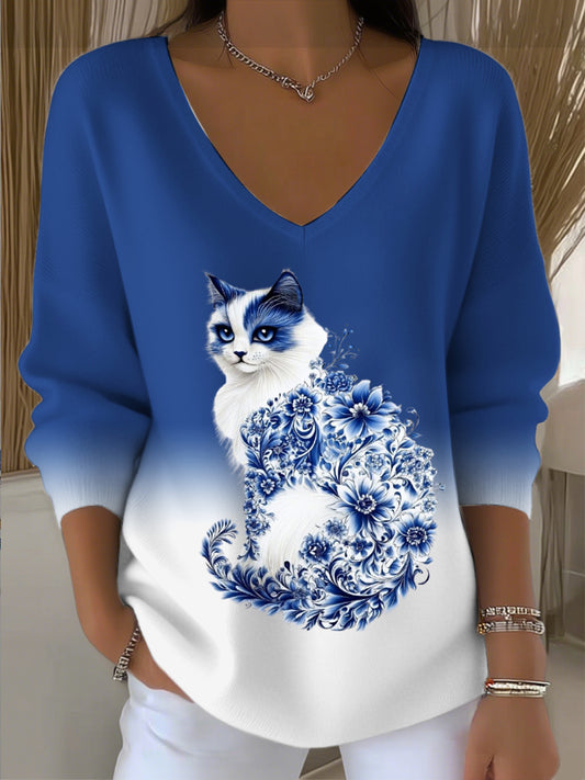 Dámské roztomilé modrobílé květinové kočky vkrk svetr