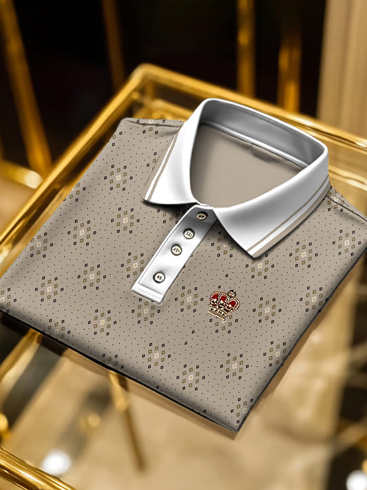 Pánské kaki geometrický vzor polo košile