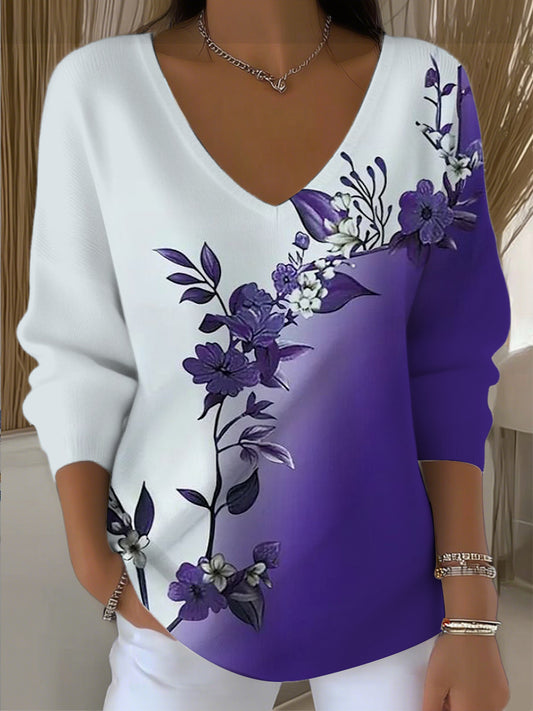 Dámské nádherné fialovébílé květinové vneck svetr