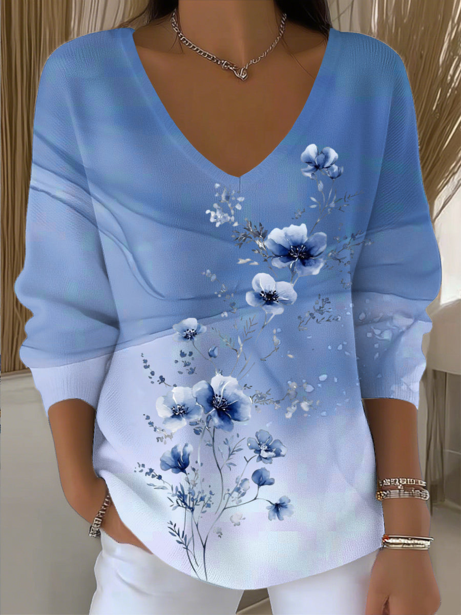 Ženy vintage květinové textury umění vneck top multicolour / s