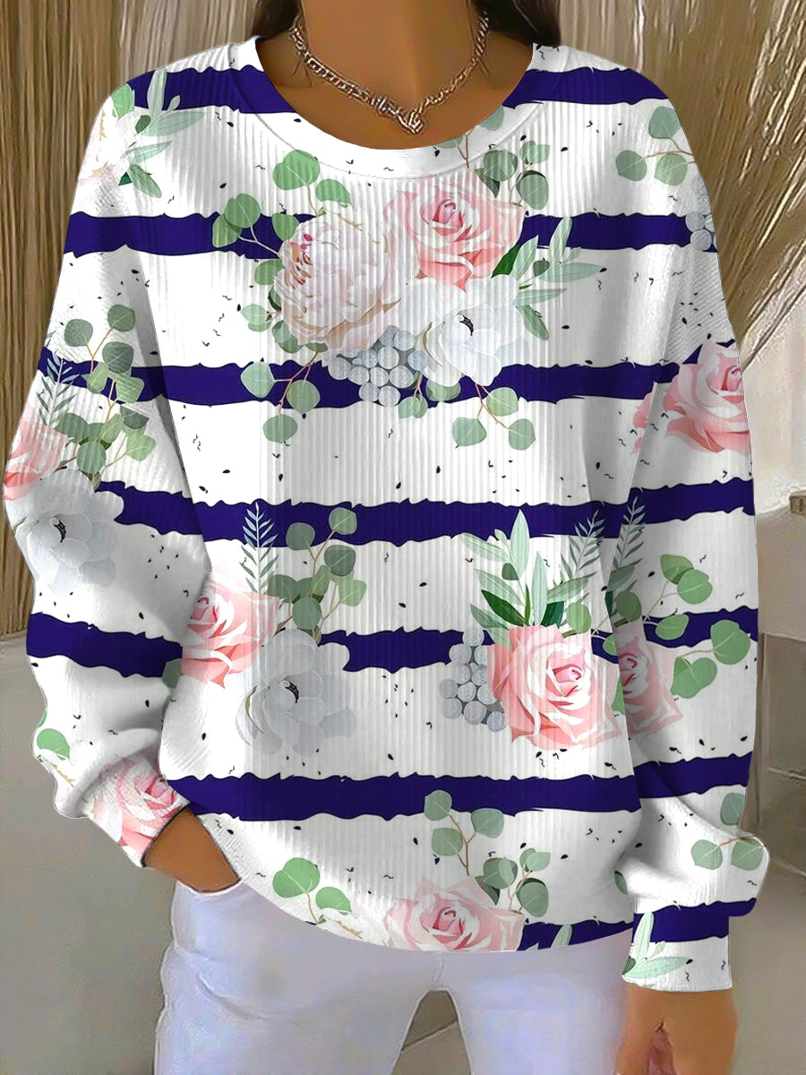 Dámské elegantní květinový pruh casual crewneck pullover