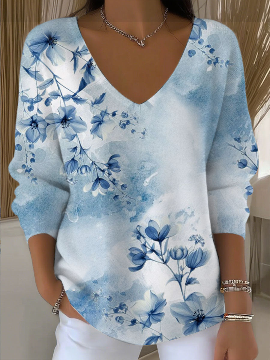 Dámské světle modré květinové vneck svetr multicolour / s