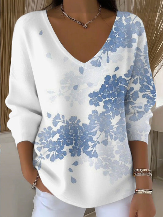 Dámské elegantní modré květinové větev vkrk svetr