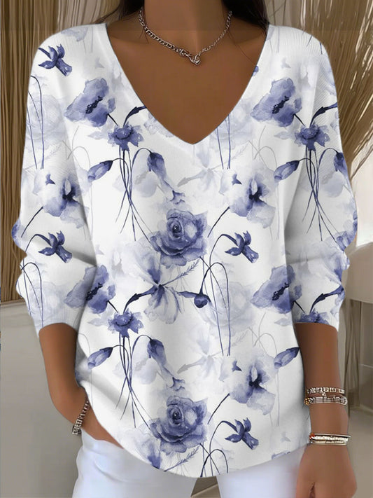 Dámské elegantní modré květinové vneck svetr