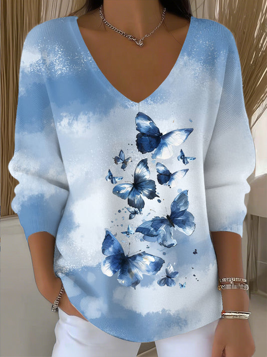 Dámské vintage inkoustumytý motýl umění vneck top