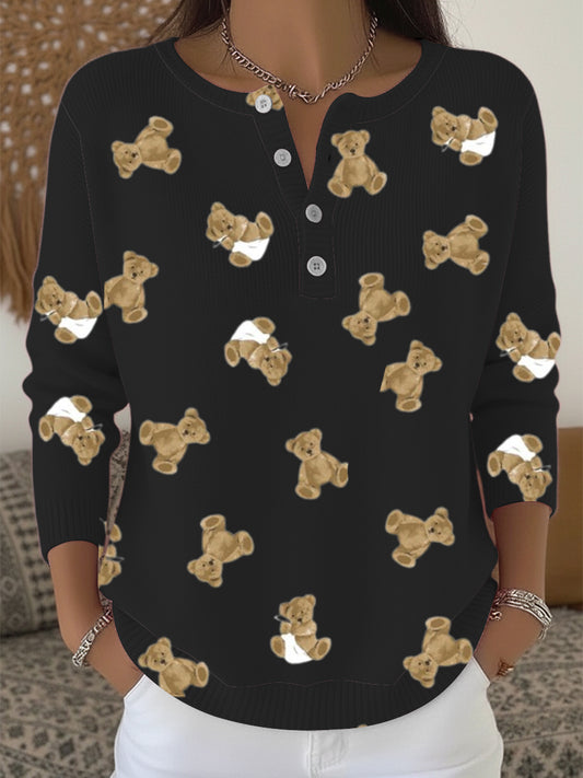 Dámské roztomilý medvídek tisk henley svetr