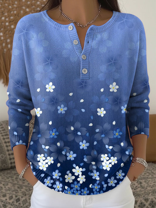 Ženy vintage květinové ombre umění vneck top