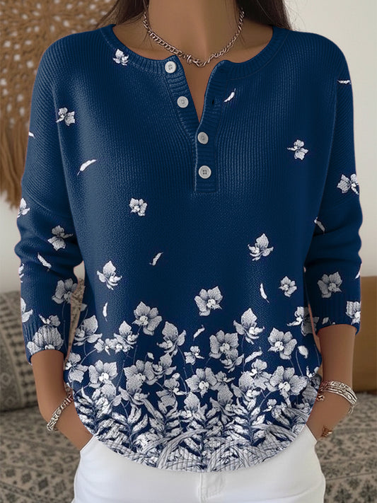 Ženy vintage gradient floral art vneck top