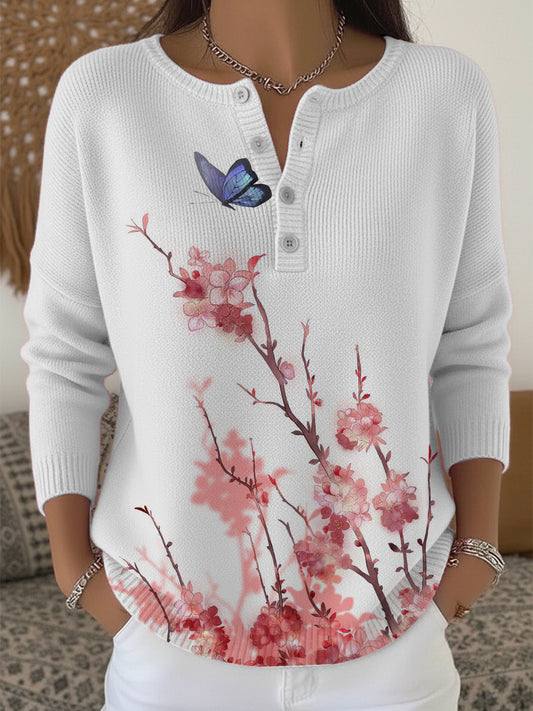 Dámské delikátní motýl a květinový henley svetr
