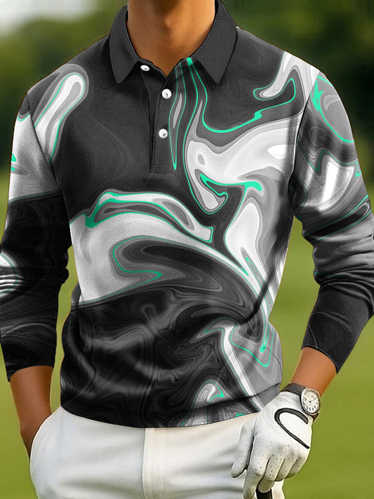 Pánské vintagestyl barevné mramorové vzory s dlouhým rukávem polo košile