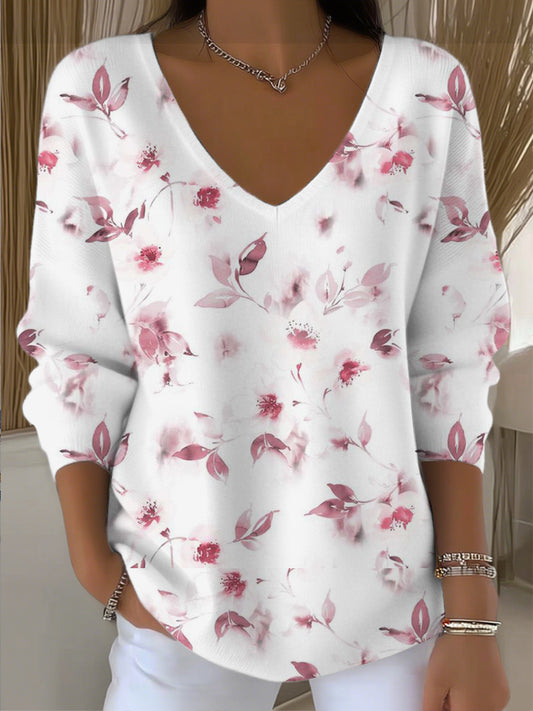 Dámské krásné růžové květinové vneck svetr