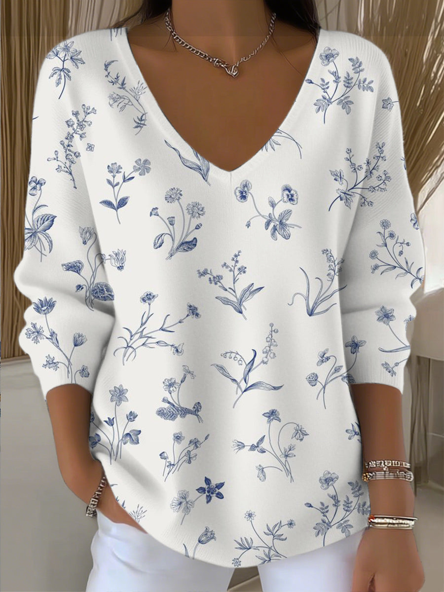 Women's exquisite blue small floral vneck svetr