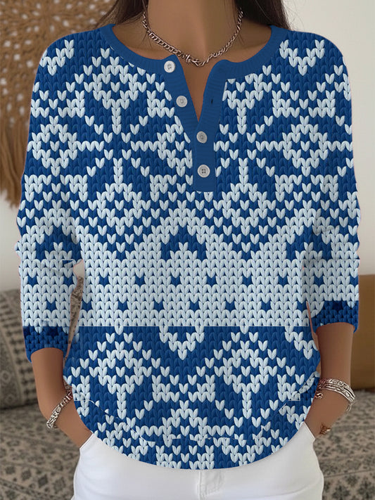 Dámské modré a bílé geometrické henley svetr