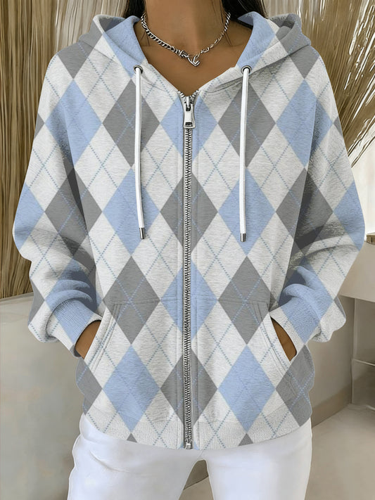 Dámské čerstvé modré a šedé argyle zipup hoodie