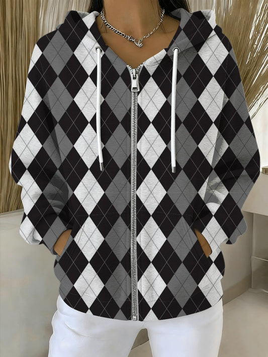 Dámské elegantní černá a šedá argyle zipup hoodie