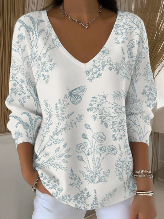 Dámské čerstvé modré květinové a butterfly vneck svetr