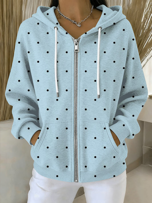 Dámské roztomilé světle modré polka dot zipup hoodie
