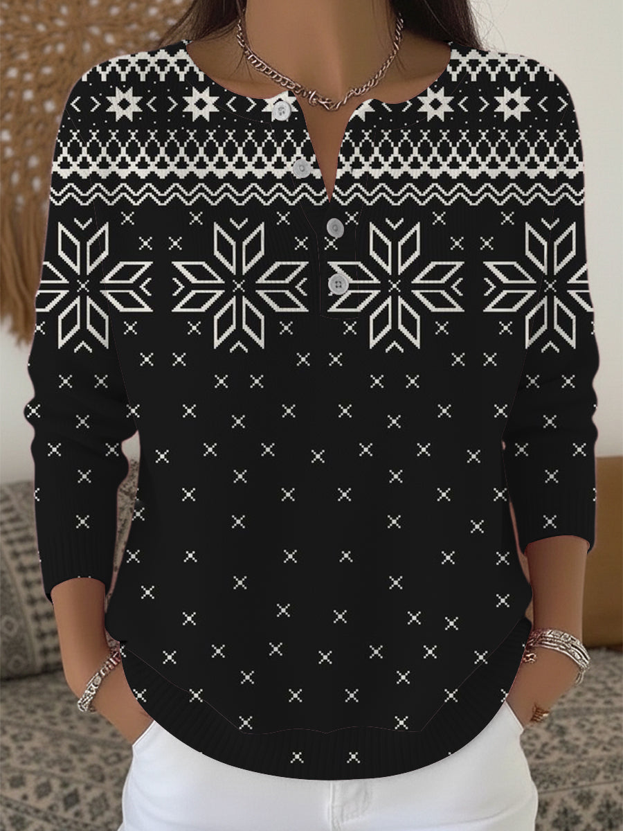 Dámské černé a bílé sněhové vločky henley svetr