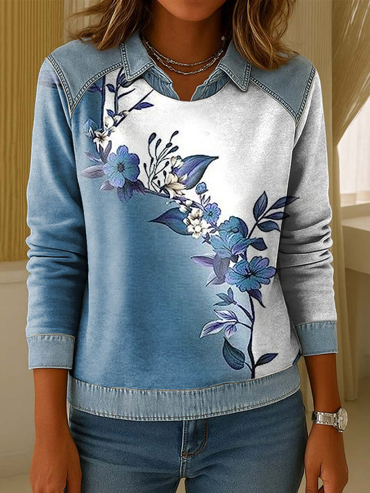 Ženské vintage abstraktní kvetinové patchwork golier pullover