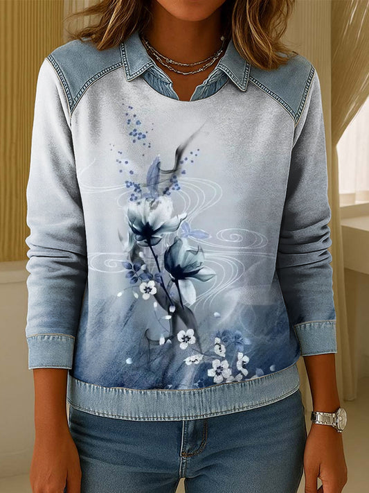 Ženské vintage květinové umění patchwork golier pullover