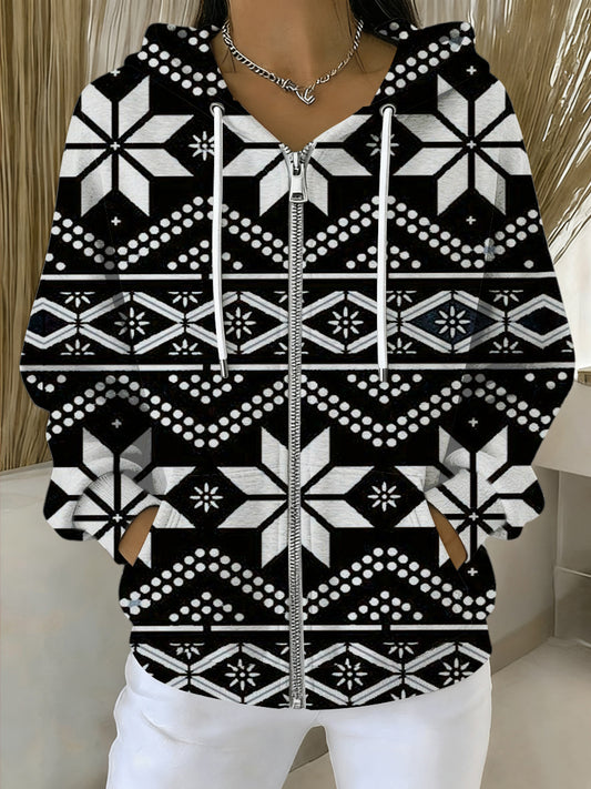 Dámské odvážné černé a bílé sněhové vločky zipup hoodie