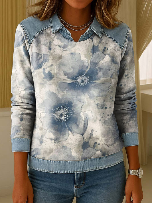 Dámské vintage inkoustumyté květinové patchwork golier pulóver