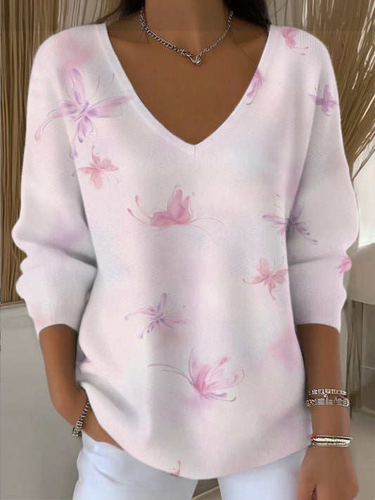 Dámské romantické růžové motýle vneck svetr