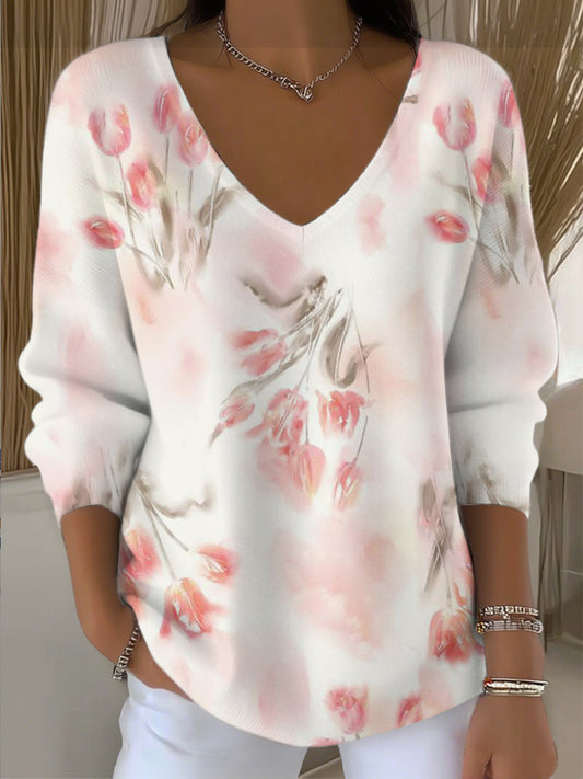 Dámské okouzlující růžový tulipán vneck svetr