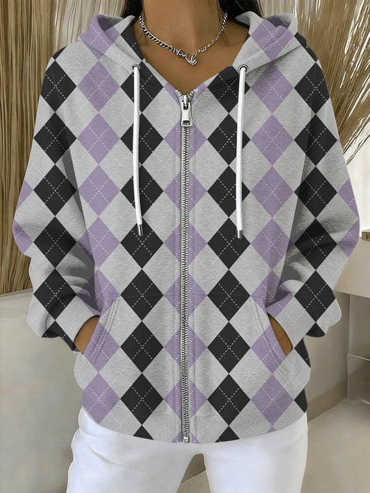 Dámské elegantní fialové a šedé argyle zipup hoodie