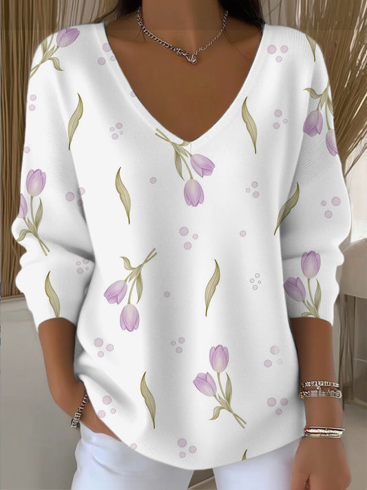 Dámské měkké fialové tulipy dot vneck svetr