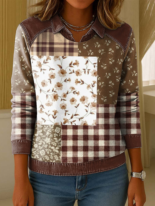 Ženské vintage květinové plátno patchwork umění golier pulóver