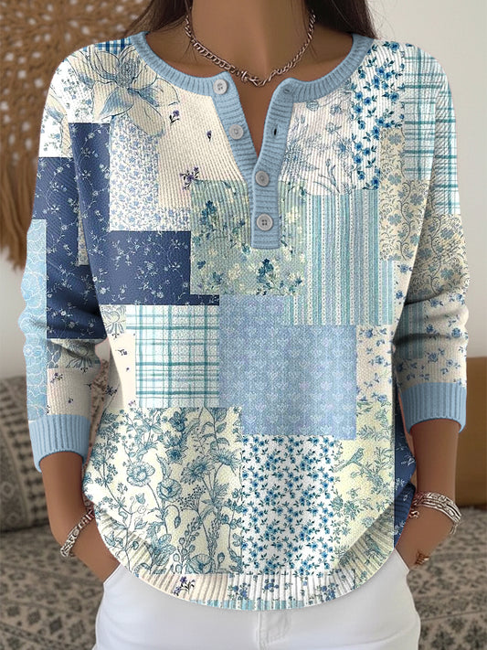 Ženské vintage květinové plátno patchwork umění vneck top