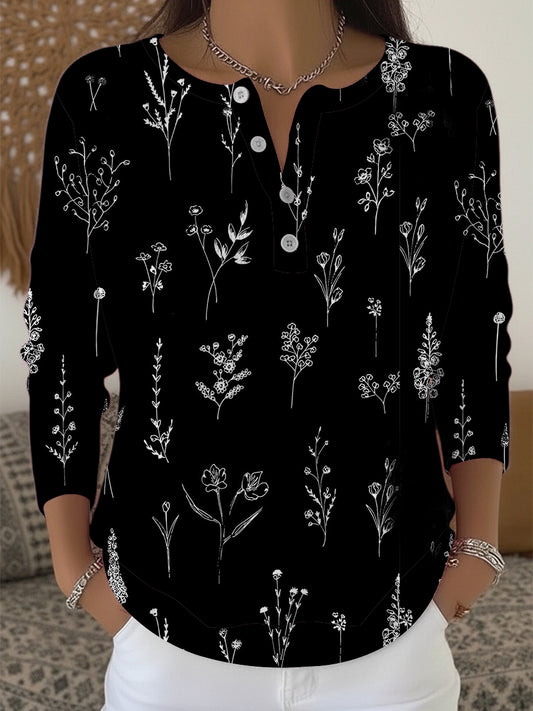 Dámské elegantní bílé květinové černé henley svetr