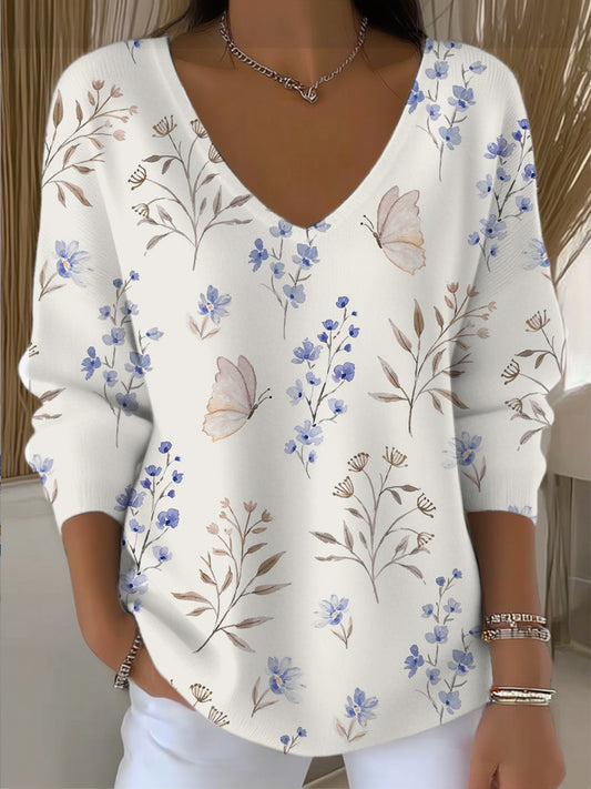 Dámské jemné modré květinové motýl vkrk svetr