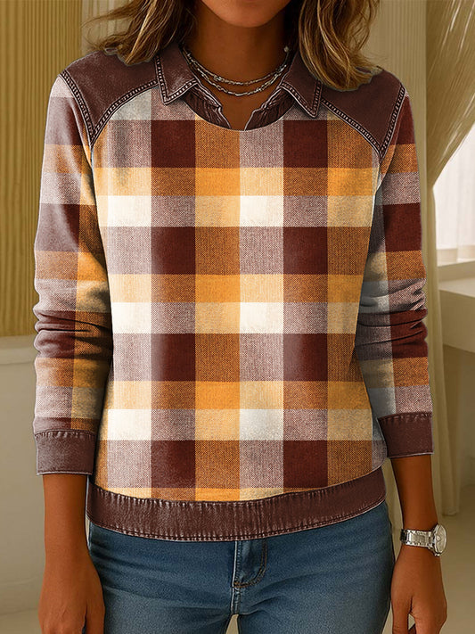 Ženské vintage plaid patchwork umění golier pulóver
