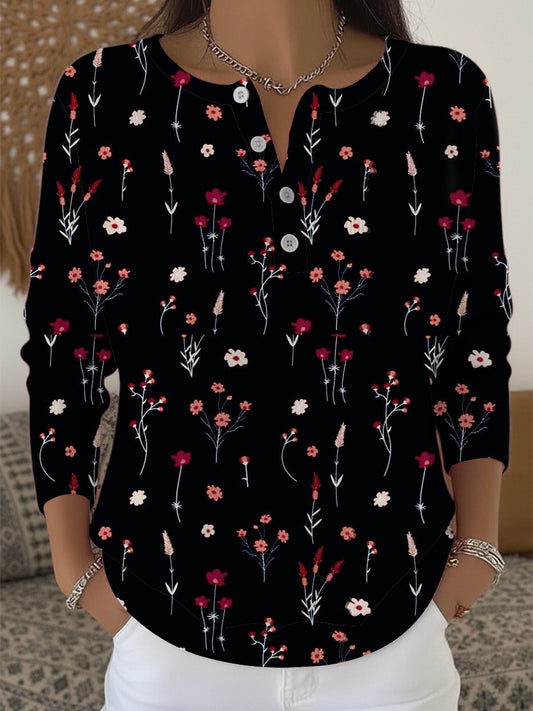 Ženské vibrant multicolor floral black henley svetr