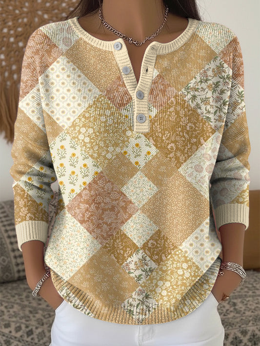 Ženy vintage geometrické květiny patchwork umění vneck top