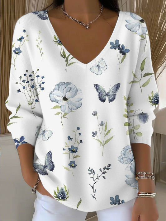 Dámské nádherné modré květinové motýl vkrk svetr