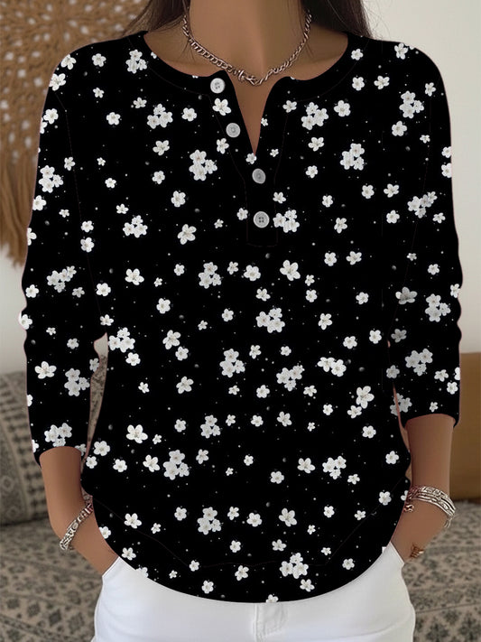 Dámské jemné bílé květinové černé henley svetr