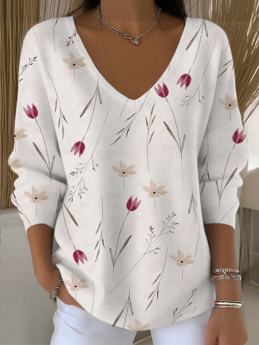 Dámské jemné červené tulipánové květinové vkrk svetr