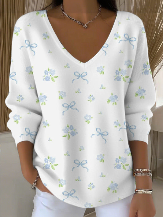 Dámské roztomilý modrý luk květinový svetr s v krkem