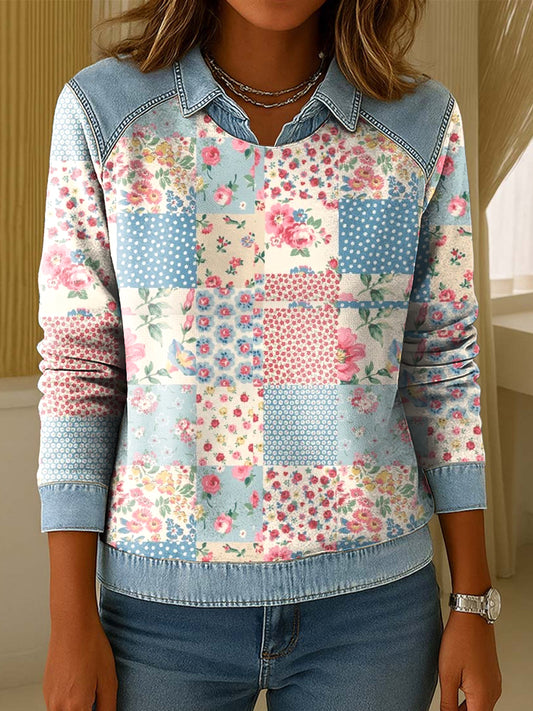 Dámské vintage květinové umění pulóver svetr s límcem