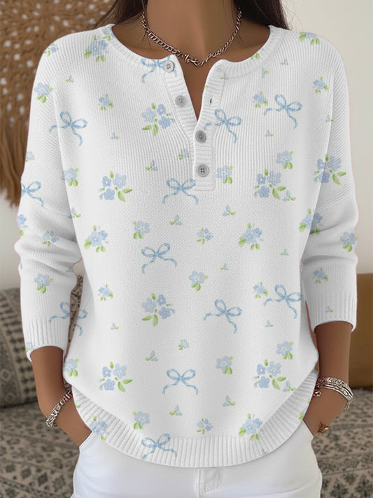 Dámské krásné modré luk květinové henley svetr