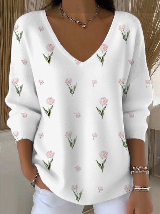 Dámské sladké růžové tulipán vneck svetr