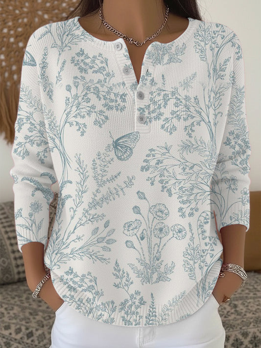 Dámské okouzlující modrý květinový motýl henley svetr