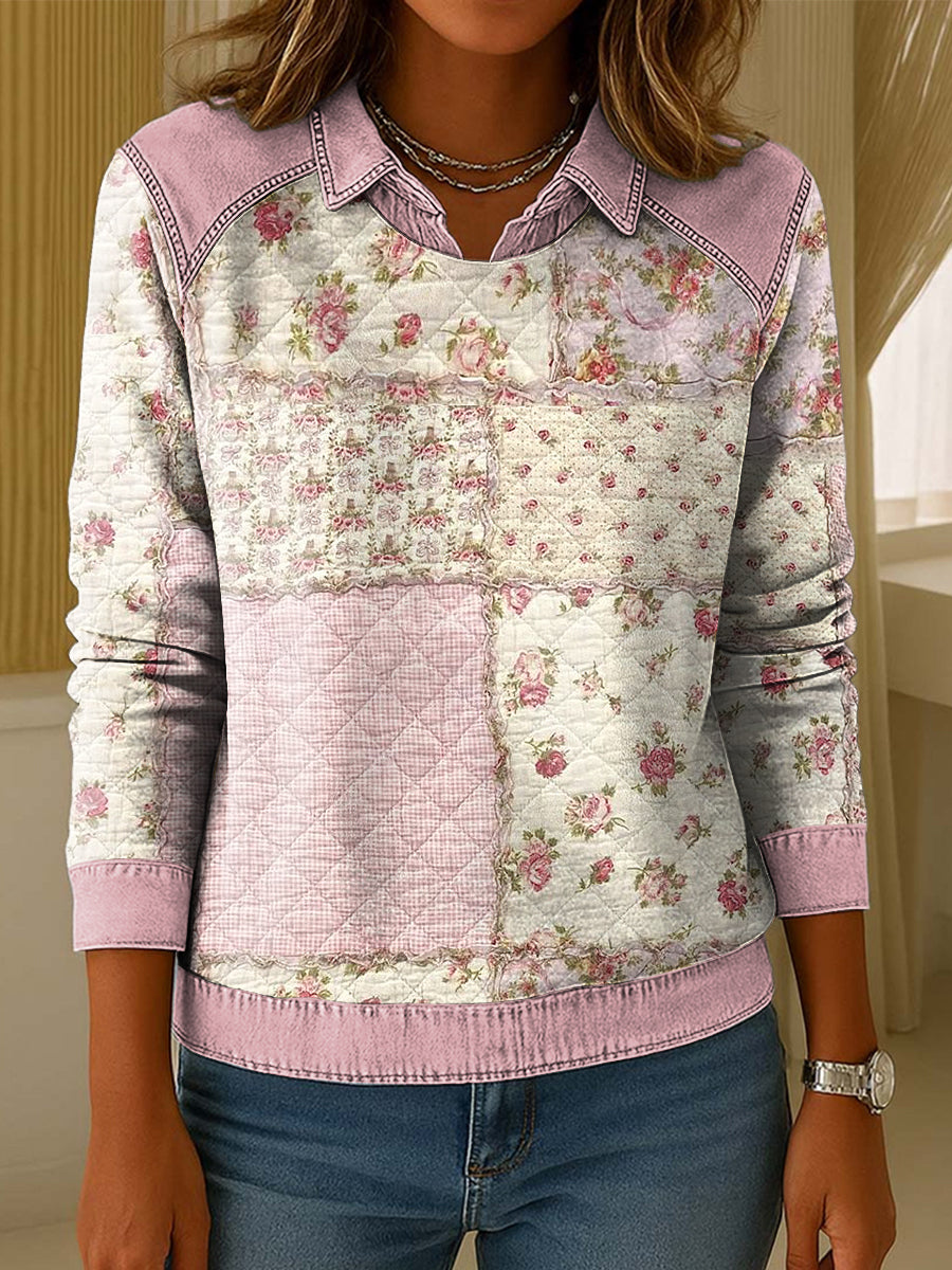 Ženské vintage květinové patchwork umění golier pulóver