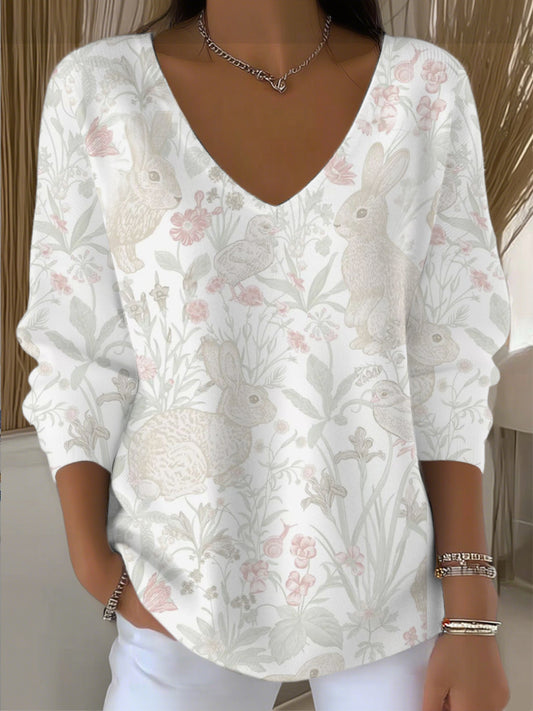 Dámské měkké pastelové bunny květinové vneck svetr