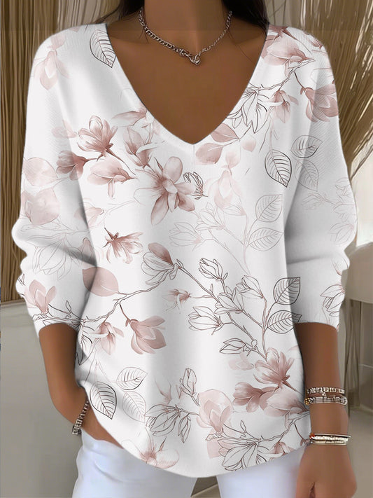 Dámské elegantní růžové květinové vneck svetr