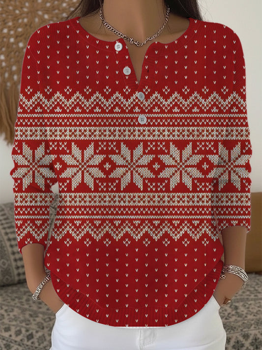 Dámské klasické červené sněhové vločky henley svetr